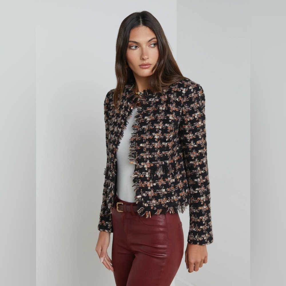 L’Agence Angelina Tweed Blazer Fringe Trim Jacket in Black Multi